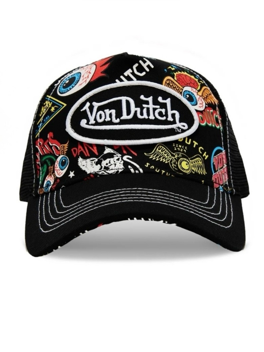 Von Dutch Black Trucker Cap with Colorful Patch Graphics